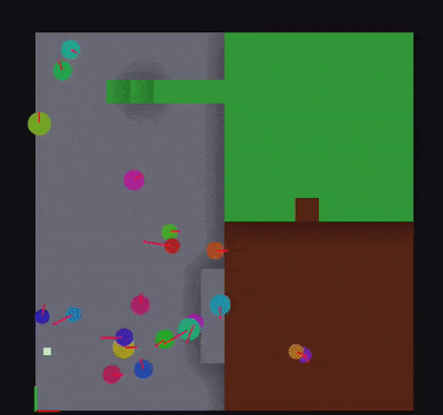GIF of circles wandering around and taking turns to run towards an item, then walking away without picking it up.